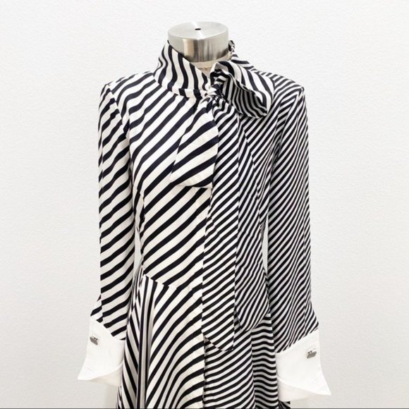 MONSE Asymmetric Striped Silk Twill Bow Tie Midi Dress In White Black Size 2 - Picture 7 of 14